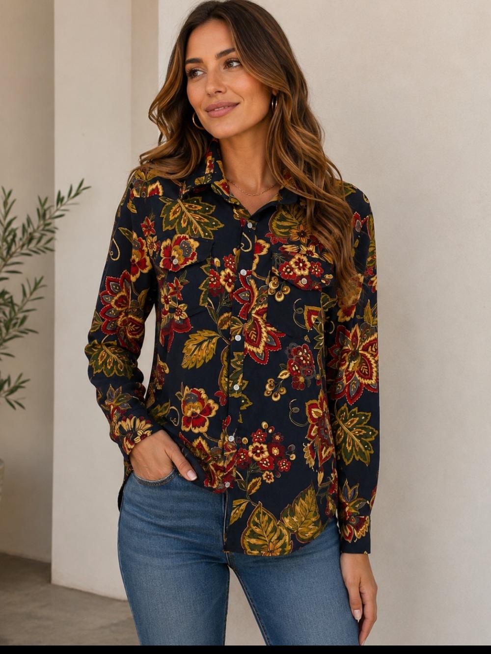 Western Floral Barn Shirt Long Sleeve Country Cowgirl Southwest Snap Buttons Lrg